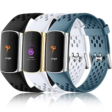 Maledan Compatible with Fitbit Charge 56 Bands 3 Pack Sport Bands Soft Waterproof Breathable Straps for Men Women BlackWhiteSteel Blue