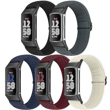 Bcuckood 5 Pack Elastic Nylon Watch Bands Compatible for Fitbit Charge 6Fitbit Charge 5 Adjustable Breathable Replacement Stretchy Nylon Loop Wristband Sport Strap for Women Men