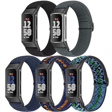 Bcuckood 5 Pack Elastic Nylon Watch Bands Compatible for Fitbit Charge 6Fitbit Charge 5 Adjustable Breathable Replacement Stretchy Nylon Loop Wristband Sport Strap for Women Men