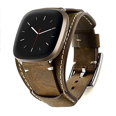 Hepsun Compatible with Fitbit SenseSense 2Versa 3Versa 4 Bands Genuine Leather Cuff Band Replacement Strap with Stainless Steel Clasp Compatible for Fitbit Versa 3 Sense Accessories Men Women