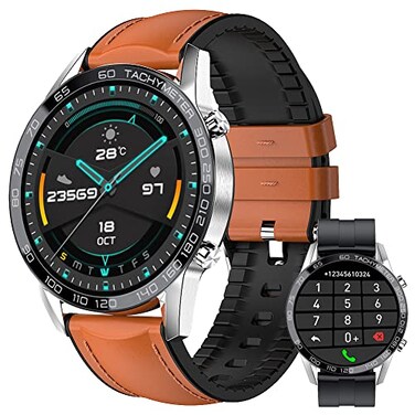 FILIEKEU Leather Men Smart Watch for Android iOS Bluetooth Calls Voice Chat with Heart Rate Fitness Tracker 13 Full Touch Screen IP67 Waterproof Silicone Activity Tracker for Men