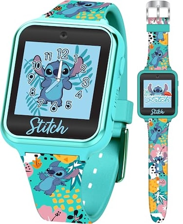 Accutime Disney Stitch Kids Smartwatch with Touchscreen Camera Games Timer Step Counter Alarm Calculator Fun Interactive Watch with 10 Faces Printed Silicone Strap Fits Wrists 55 to 8