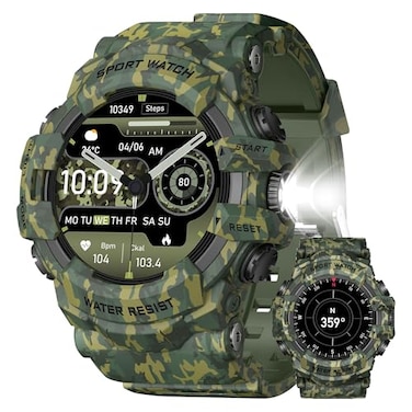 MIDDOW Military Smart Watch with Flashlight AnswerMake Call Compass Heart RateSleepSports Tracker IP68 Waterproof Long Battery Life HD Screen Android iOS Camouflage Green