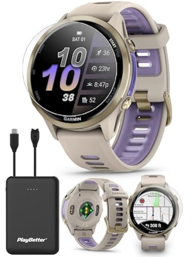 PlayBetter Garmin Forerunner 970 Soft Gold French GrayTranslucent Indigo Premium GPS Running Triathlon Smartwatch Bundle AMOLED LED Flashlight Portable Charger HD Screen Protectors