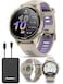 PlayBetter Garmin Forerunner 970 Soft Gold French GrayTranslucent Indigo Premium GPS Running Triathlon Smartwatch Bundle AMOLED LED Flashlight Portable Charger HD Screen Protectors