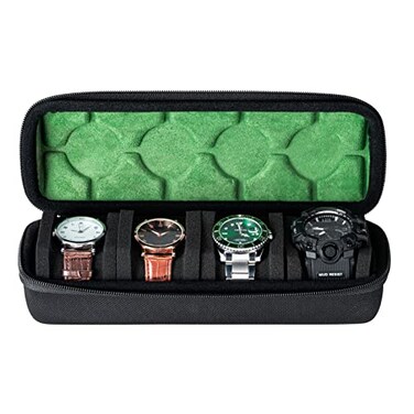 RIGICASE 4 slots Watch travel case hard watch box storage organize holder with soft foam insert fit watches up to 55mm facegreen microfiber lining