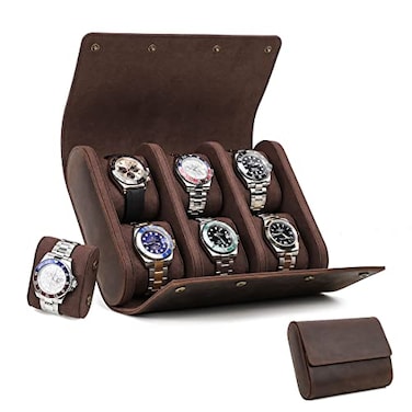 CONTACTS Travel 6 Watch Box Crazy Horse Leather Watch Case for Men Watch Organizer Storage Display Protector Brown Watch Roll Pouch