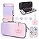 DLseego Pink and Purple Switch Case Set Gradient Carrying Case with 10 Slots Cute Protective Dockable Hard Shell with 4PCS Glitter Cat Paw Thumb Grips Caps and 1PC Flower Blossom Chain For Switch 2017