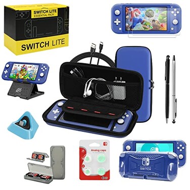 WDZREE Switch Lite Accessories Bundle Kit with Carrying CaseTPU Case Cover with Screen ProtectorCharging DockPlaystand Game Card Case USB Cable StylusThumb Grip Caps for Nintendo Switch Lite Blue
