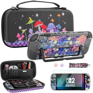 FUNDIARY Carrying Case for Switch 2 Cute Accessories for Switch 2 Console with Mushroom Portable Travel Bag PC Protective Dockable Covers Screen Protector Shoulder Strap and 2 Thumb Caps