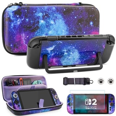 FUNDIARY Galaxy Travel Case for Nintendo Switch 2 Accessories Kit for Switch Two Console with Portable Storage Bag Protective Dockable Cover Screen Protector Shoulder Strap and 2 Thumb Caps