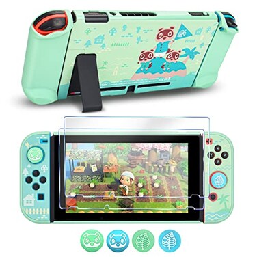 DLseego Protective Case Design for Switch Model Newest Pattern Animal Crossing Design Cover Case with 2 Pcs Glass Screen Protectors and 4 Pcs Cute Thumb Grip Caps Green Accessories Set