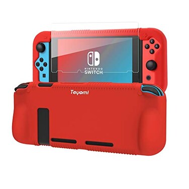 Teyomi Protective Silicone Case for Nintendo Switch Grip Cover with Tempered Glass Screen Protector 2 Storage Slots for Game Cards ShockAbsorption AntiScratch Red