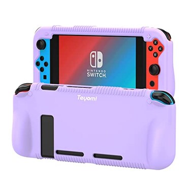 Teyomi Protective Silicone Case for Nintendo Switch Grip Cover with Tempered Glass Screen Protector 2 Storage Slots for Game Cards ShockAbsorption AntiScratch Purple
