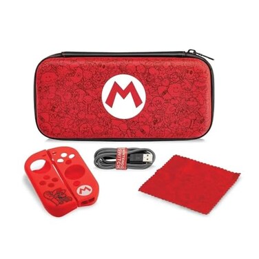 PDP Gaming Mario Bros Mario Remix Edition Starter Kit Travel Case Joy Con Guards Mario Nintendo Switch