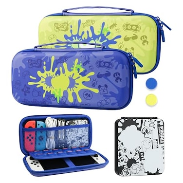 RHOTALL Blue Carrying Case for Nintendo Switch Switch OLED Cover for splatoon 3 Hard Portable Travel bag for Switch Game Accessories Bundle Kit with Game Case and 2 Thumb Caps for boys girls