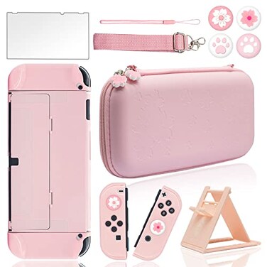 BRHE Cute Travel Carrying Case for Nintendo Switch Switch OLED Accessories Kit with Hard Protective Cover Glass Screen Protector UltraThin Adjustable Stand and Thumb Grip Caps 10 in 1 OLED Pink