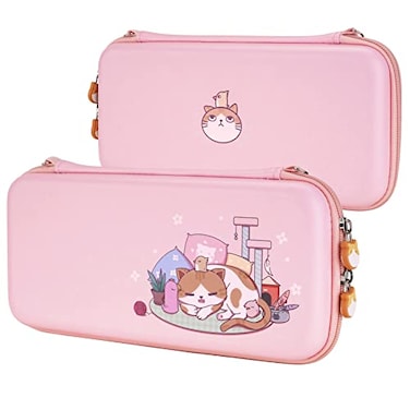 PlayVital Pink Cute Carrying Case for Nintendo Switch OLED Thumb Grip Caps Kitten Chicken Slim Travel Case for Switch Portable Hardshell Girl Storage Game Accessories