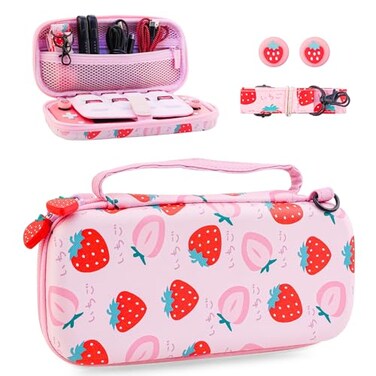 HYPERCASE Strawberry Carrying Case for Nintendo Switch Lite Portable Accessories Bundle with Pink Switch Lite Storage Bag Shoulder Strap 2 Cute Thumb Caps Builtin 8 Game Card Slots for Girls
