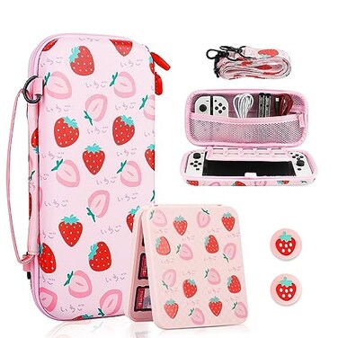 FANPL Carrying Case for Nintendo Switch Switch OLED Pink Cute Strawberry Travel Hard Protectiv Cover for Switch with Adjustable Shoulder Strap Game Case Thumb Grips Super soft plush lining