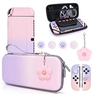 DLseego Pink Purple Switch OLED Case Gradient Carrying Case with 10 Slots Cute Protective Dockable Hard Shell with 4PCS Glitter Cat Paw Thumb Grips Caps and 1PC Flower Blossom Chain for Switch 2021