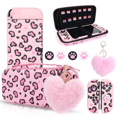 DLseego Pink Love Leopard Carrying Case for Switch OLED Cute Silicone Protective Soft Cover with 4PCS Thumb Grip Caps and Pink Plush Heart Pendant Hard Storage Case Accessories Kit Bundle for Girls