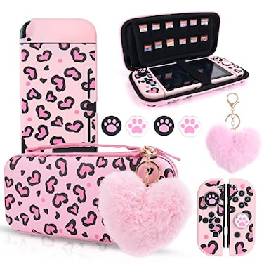 DLseego Pink Love Leopard Carrying Case for Switch Cute Silicone Protective Shell Soft Cover with 4PCS Thumb Grip Caps and Pink Plush Heart Pendant Hard Storage Case Accessories Kit Bundle for Girls