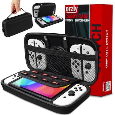 Orzly Carry Case Compatible with Nintendo Switch and New Switch OLED Console Black Protective Hard Portable Travel Carry Case Shell Pouch with Pockets for Accessories and Games