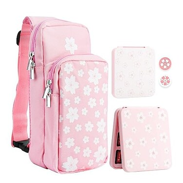RHOTALL Pink Travel Bag for Nintendo SwitchLiteOLED2 Large Capacity Portable Carrying Case Compatible for Chest Shoulder Accessories Storage Backpack with12 Slots Game CaseThumb Grip CapsSakura
