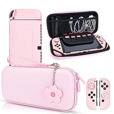 DLseego Pink Switch OLED Case Gradient Carrying Case with 10 Slots Cute Protective Dockable Hard Shell with 4PCS Glitter Cat Paw Thumb Grips Caps and 1PC Flower Blossom Chain for Switch 2021