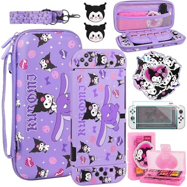 TIKOdirect Carrying Case for Switch OLED Cute Portable Travel Bag in Lovely Pattern Design of Purple Interior with Soft Protective Case Screen Protectors and Thumb Grip caps Purple