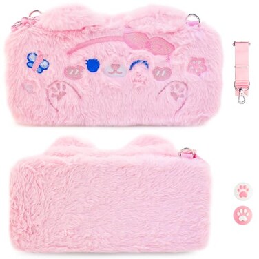 RHOTALL Pink Cat Plush Bag Carry Case Compatible with SwitchOLEDCute Furry Portable Travel Protective Crossbody Bag with Removable Shoulder Strap2 Thumb CapsShockAbsorption