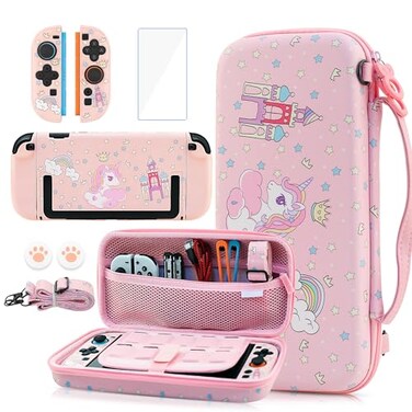 GLDRAM Pink Carrying Case for Nintendo Switch 2 Cute Girly Accessories Kit with Portable Travel Storage Bag Hard Shell Protective Cover Skin Screen Protector Shoulder Strap 2 Thumb Grips
