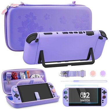 FUNDIARY Purple Sakura Switch 2 Carrying Case for NS Switch 2 Cute Case Bundle with Portable Storage Travel Bag Dockable Protective Cover Screen Protector and 2 Thumb Caps Christmas Gift for Grils