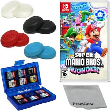 PremGear Super Mario Bros Wonder for Nintendo Switch US Version with Thumb Grips 8 pack Black Blue Red Clear 24 Slot Game Card Holder Cleaning Cloth