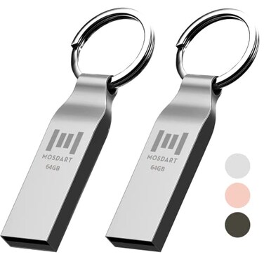 MOSDART Waterproof 64GB USB20 Flash Drive exFAT Metal Memory Stick with Keychain for System Back Data Storage SilverPack of 2