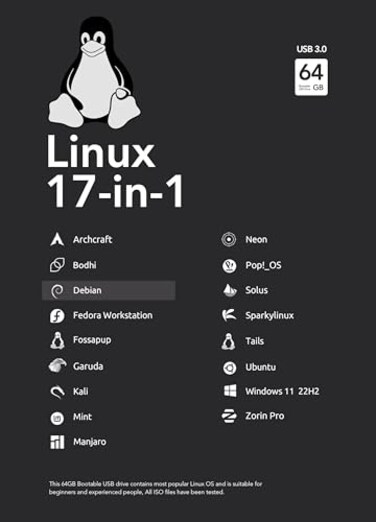 LIGHT WORLD ZOO 64GB 17in1 Bootable USB Drive 32 for Linux Windows 11 Zorin Mint Kali Ubuntu Tails Debian Supported UEFI and Legacy