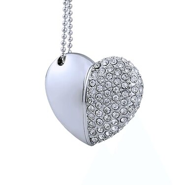 WooTeck 64GB Crystal Loving Heart Jewelry USB Flash Drive Memory Stick with NecklaceSilver