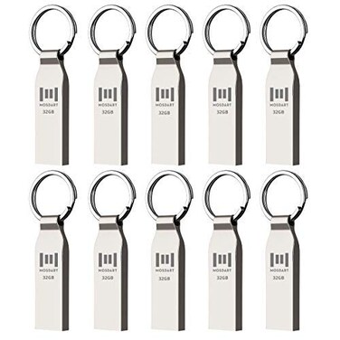 MOSDART Waterproof 32GB USB20 Flash Drive FAT32 Metal Memory Stick with Keychain for System Back Data Storage SilverPack of 10