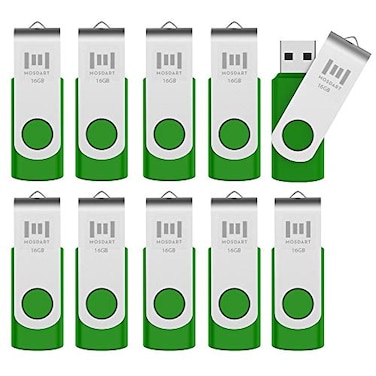 MOSDART USB20 16GB Flash Drive Swivel Design with LED Indicator Keychain Loop FAT32 Memory Stick for Data Storage GreenPack of 10