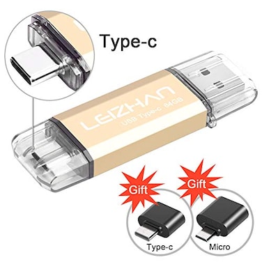 leizhan 64GB USB Flash Drive Thumb Drives Jump Drive Storage Memory Stick TypeCUSB 2 in 1 with 2 Pcs adapters USB to MicroTypeC fit Most Devices Gold