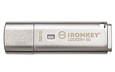 Kingston Ironkey Locker 50 32GB Encrypted USB Flash Drive USB 32 Gen 1 XTSAES Protection MultiPassword Security Options Automatic Cloud Backup Metal Casing IKLP5032GBSilver