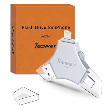 Techkey MFi USB 30 Flash Drive 256GB for iPhone 3in1 External Memory Photo Keeper Storage Stick for PictureVideoData SaverBackup High Speed ThumbJumpHard Drives for iPhoneiPadAndroidPC