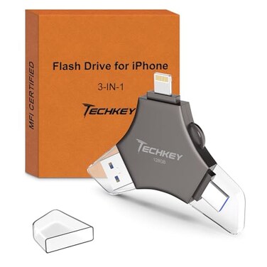 Techkey MFi USB 30 Flash Drive 128GB for iPhone 3in1 External Memory Photo Keeper Storage Stick for PictureVideoData SaverBackup High Speed ThumbJumpHard Drives for iPadAndroidPC Black