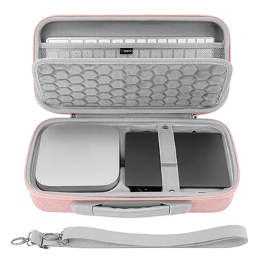 GEEKRIA Desktop Computer Hard Travel Case Compatible with Apple 2024 Mac Mini M4 Mac Mini Pro Fit for Magic Keyboard Mouse Trackpad and Accessories Pink