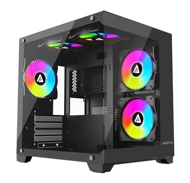 Apevia PrismBK Prism MicroATX Gaming PC Cube Case w 5X 120mm ARGB Fans 366 RGB Modes Dual Tempered Glass Panels 240mm Radiator Support 1X USB30 2X USB 20 HD Audio Port Black