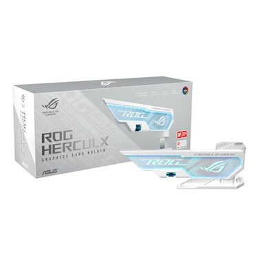 ASUS ROG Herculx White GPU AntiSag Holder Solid Zinc Alloy Construction Easy Toolless Installation Included Spirit Level Adjustable Height Wide Compatibility Aura Sync RGB