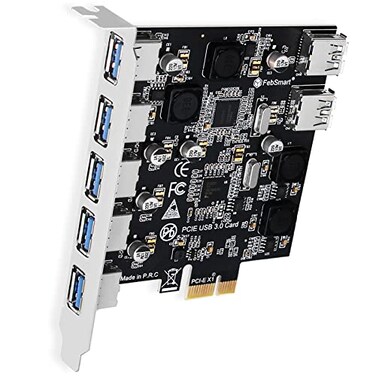 FebSmart 7Ports Superspeed 5Gbps PCIE USB 30 Expansion Card for Windows 11 10 8x 7 Vista XP Desktop PCs Built in FebSmart SelfPowered Technology No Need Additional Power Supply FSU7Pro
