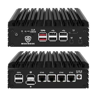 MOGINSOK Firewall Appliance Mini PC 25Gbe with 12th N100Ship N150 Fanless Mini Computer Router with 4xIntel I226 Nics 8GB DDR5 Ram 128GB M2 PCIE 30 SSD Support PFsense OPNsense AESNI