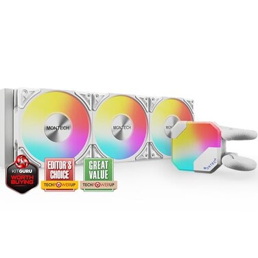 MONTECH HyperFlow ARGB 360 AIO CPU Liquid Cooler IntelAMD Compatible ChartTopping Performance Enhanced 3100RPM Water Pump Design 3X Metal Pro 12 ARGB Ultimate Cooling Fans White